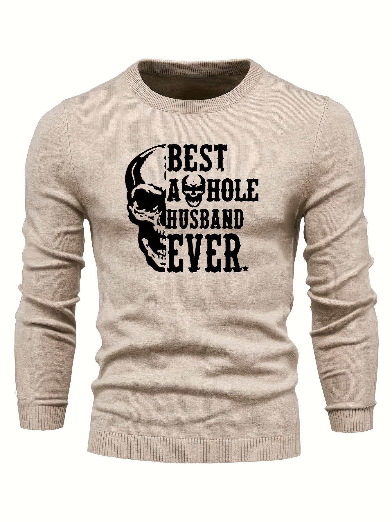 Skull & Letter Print Sweater Men's Casual Retro Style Mid Stretch Crew Neck Pull