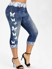 Butterfly & Denim Print Skinny Leggings High Waist Yoga Leggings