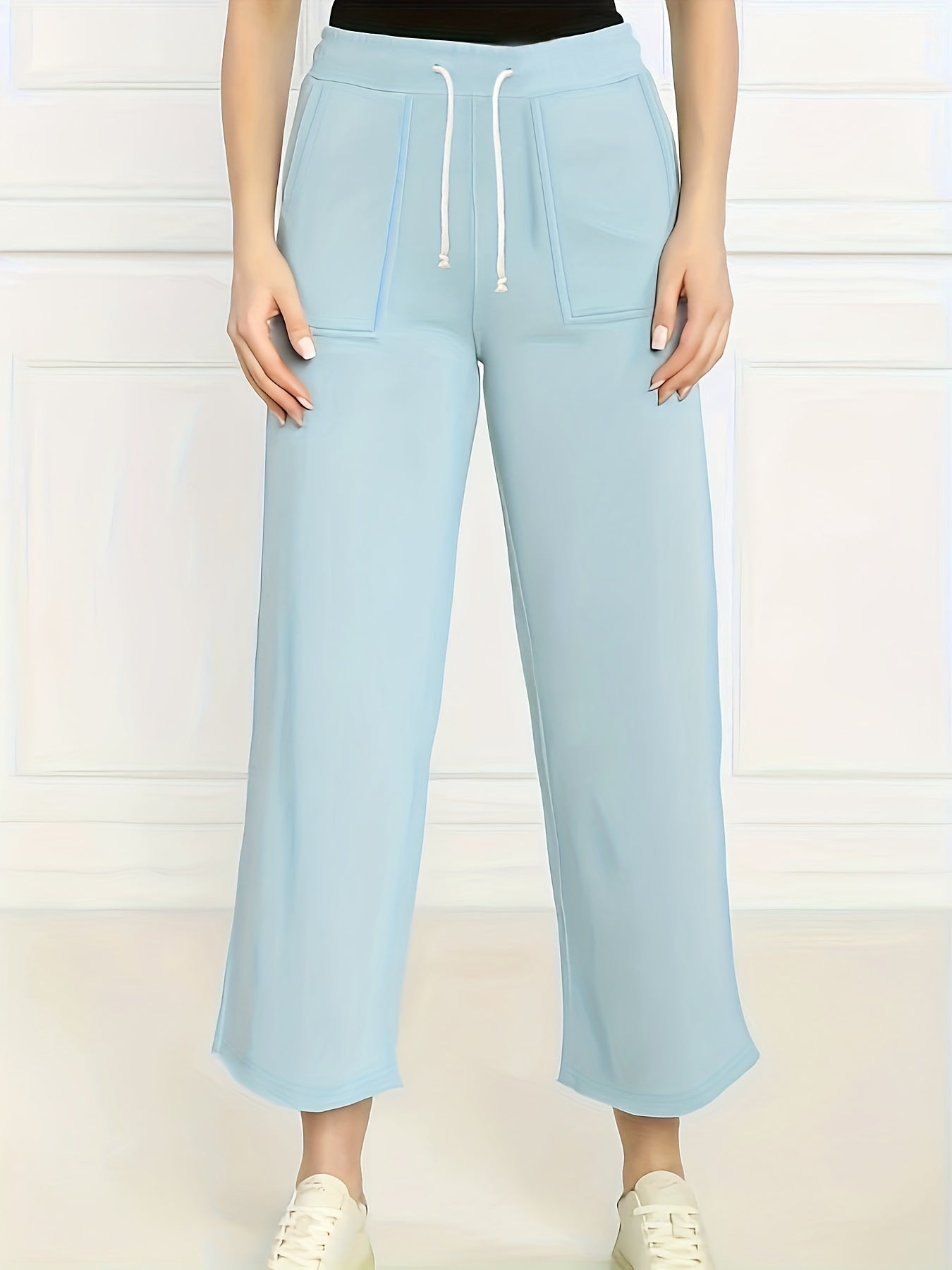  Solid Drawstring High Rise Straight Leg Crop Pants