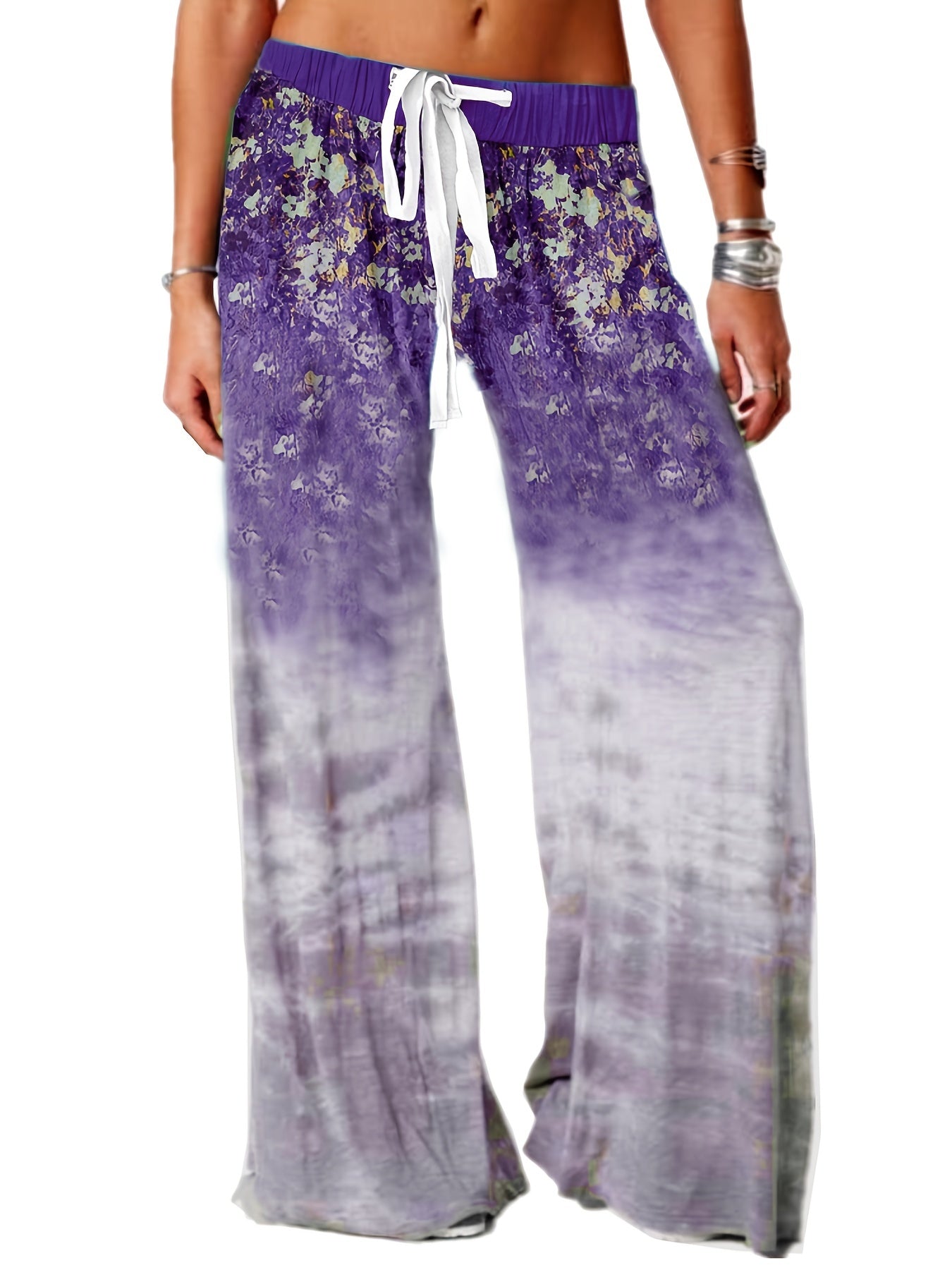 Women's Plus Floral & Ombre Print Drawstring Wide Leg Pants