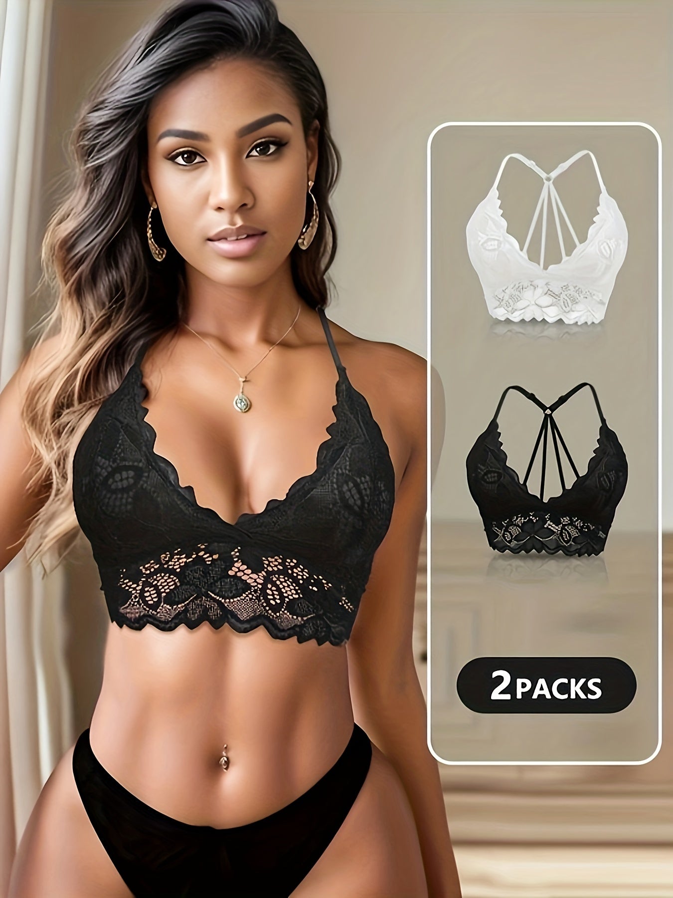 2pcs Lace Wireless Bras Floral Scallop Trim Comfy Women's Lingerie