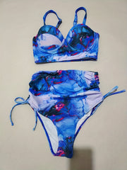 Tie Dye Push Up Bikini Set V Neck Tie Side High Cut Two Piece Swimwear