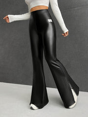  High Waist PU Leather Flared Leg Split Trousers