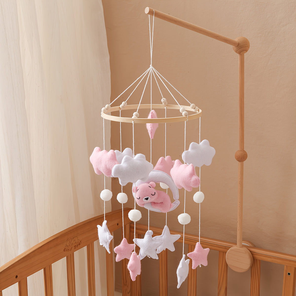 Multicolor Pink Bear Moon Mobile Handcrafted Toy for Cognitive Development
