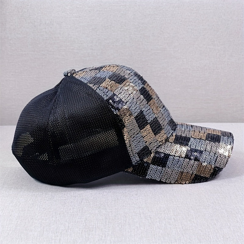 Sequin Block Trucker Hat Y2K Mesh Breathable Sunshade Baseball Cap