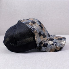 Sequin Block Trucker Hat Y2K Mesh Breathable Sunshade Baseball Cap