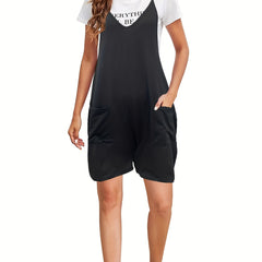 Solid Patched Pockets Jumpsuit Casual Loose V neck Jumpsuit