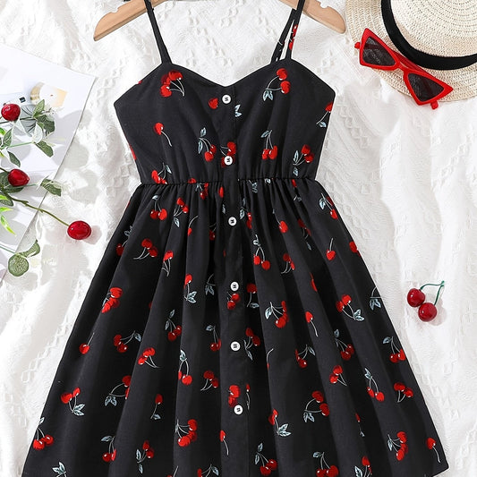 Girls Cherry Graphic Button Cami Princess Dress