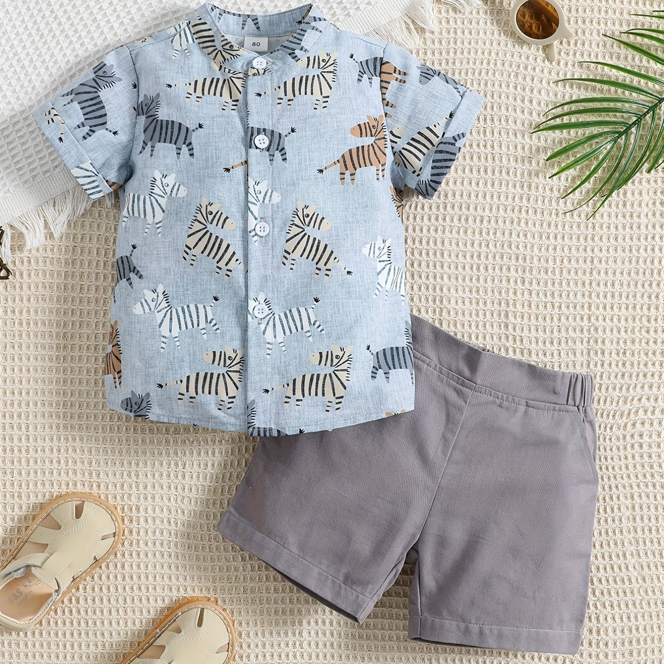 2pcs Baby Boys Animal Print Short Sleeve Shirt & Shorts Set