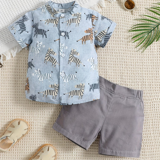 2pcs Baby Boys Animal Print Short Sleeve Shirt & Shorts Set