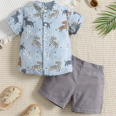 2pcs Baby Boys Animal Print Short Sleeve Shirt & Shorts Set