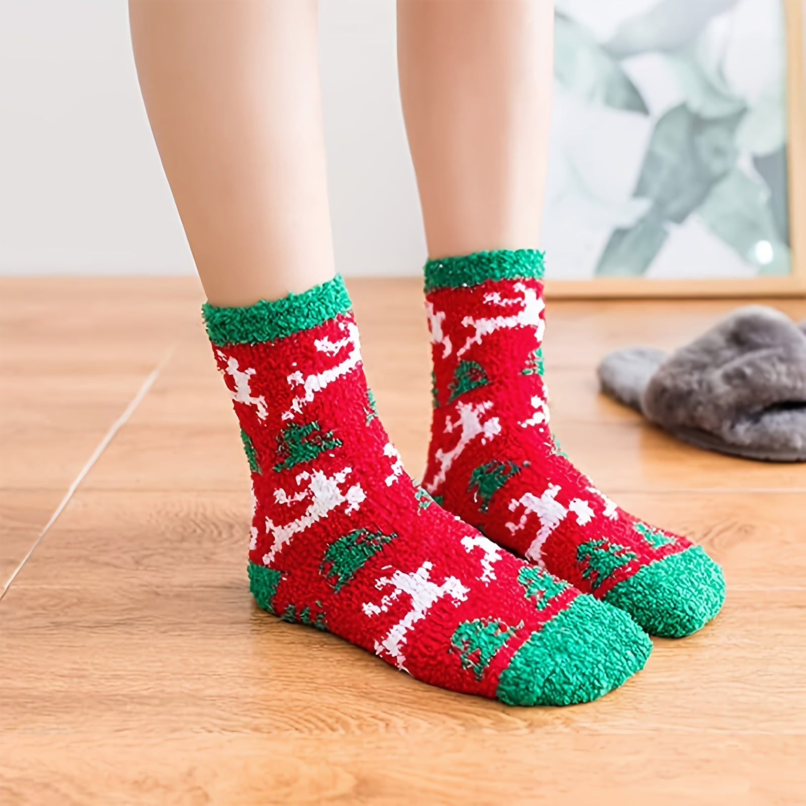 6pcs Christmas Print Socks Fuzzy Warm Comfy Stocking Decorations