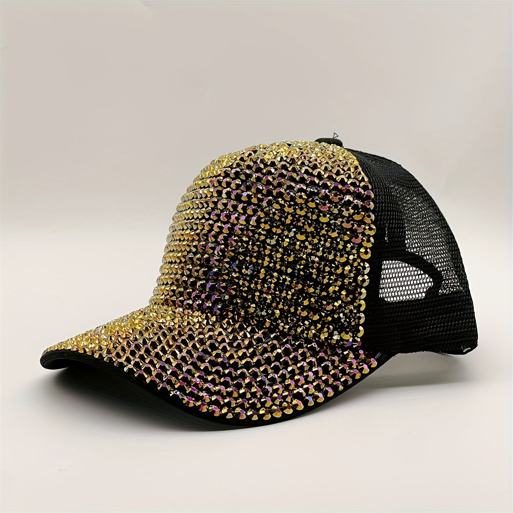 Golden Rhinestone Baseball Cap Mesh Hip Hop Trucker Hat