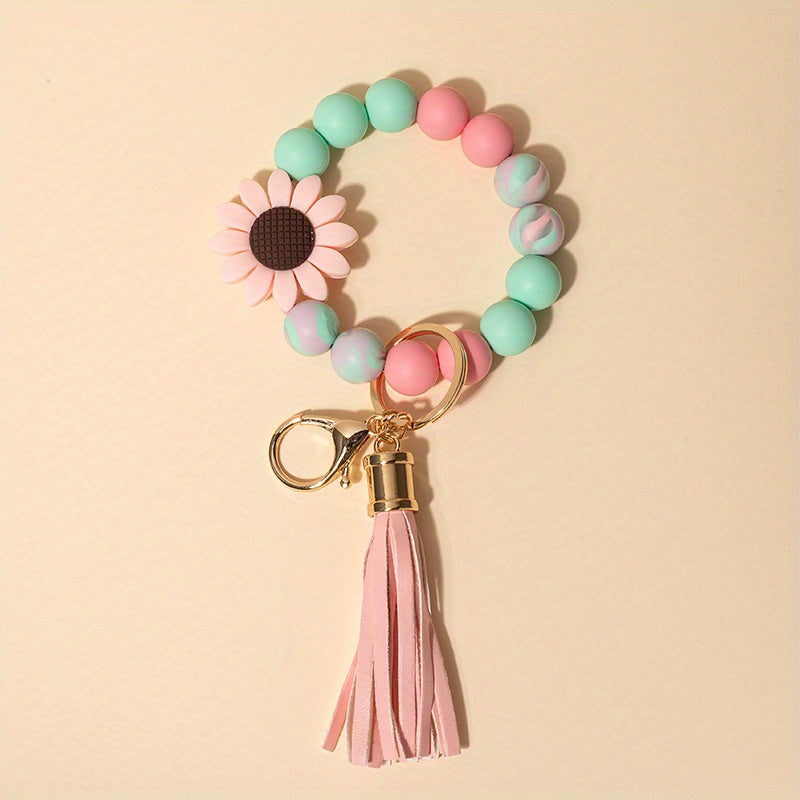 Sun Flower Silicone Bead Keychain Tassel Pendant