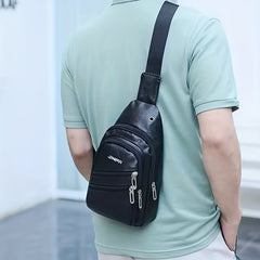 Men's Leather Crossbody Bag with Earphone Hole Large Capacity Satchel Chest Bag