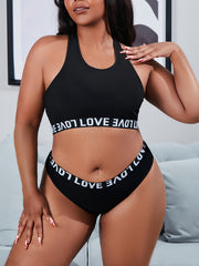  Ribbed Letter Tape Halter Bra & Panty Set
