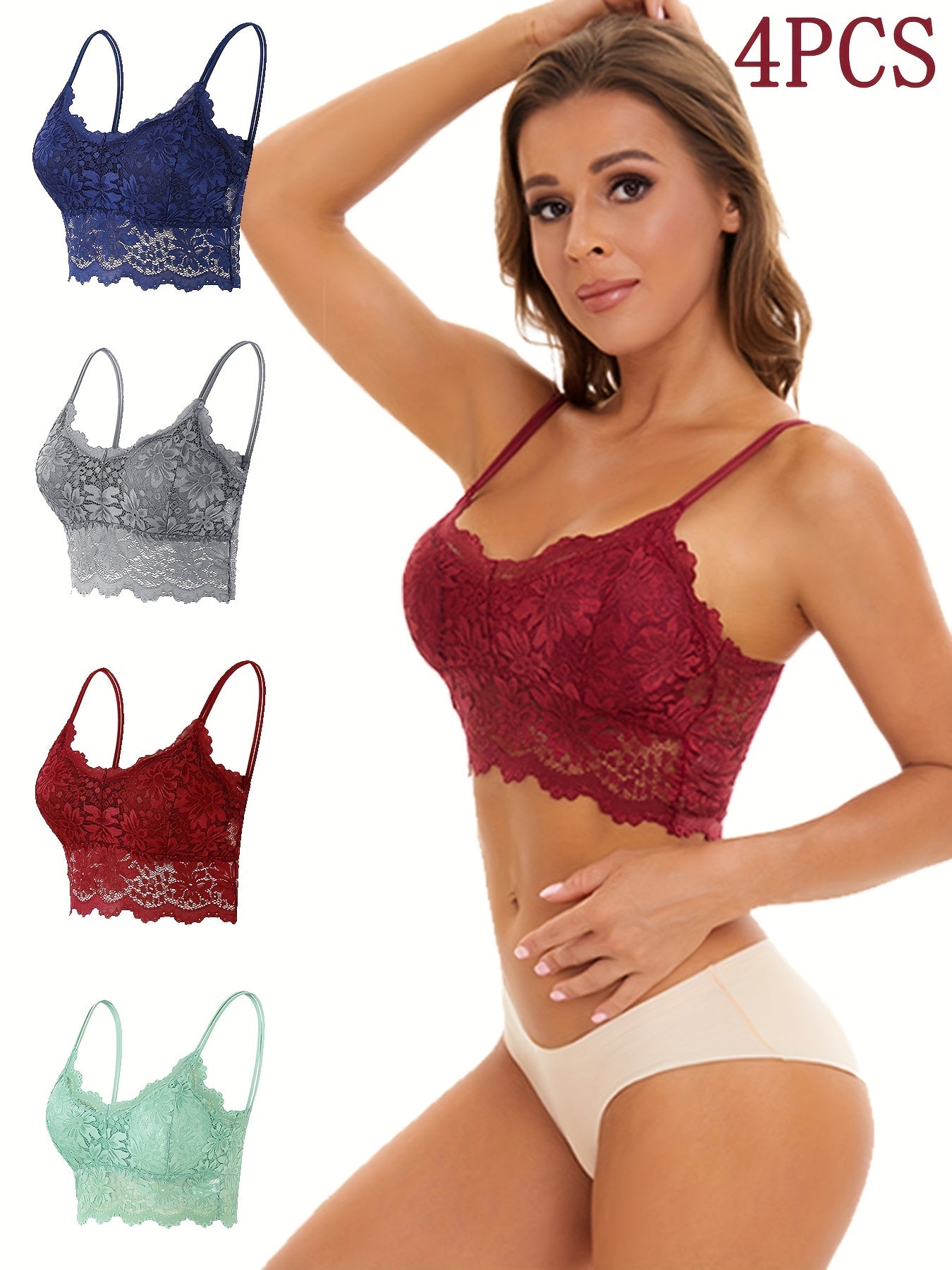 4pcs Lace Wireless Bralettes Scallop Trim Bra Women's Lingerie