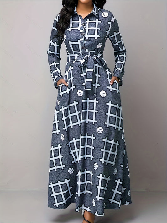  Geometric Print Button Up Maxi Shirt Dress