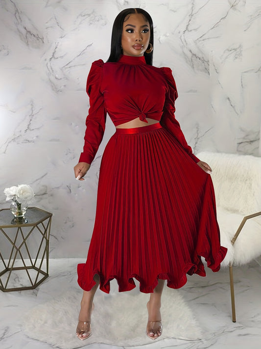 Puff Sleeve Top & Pleated Skirt Set Women's Outfit