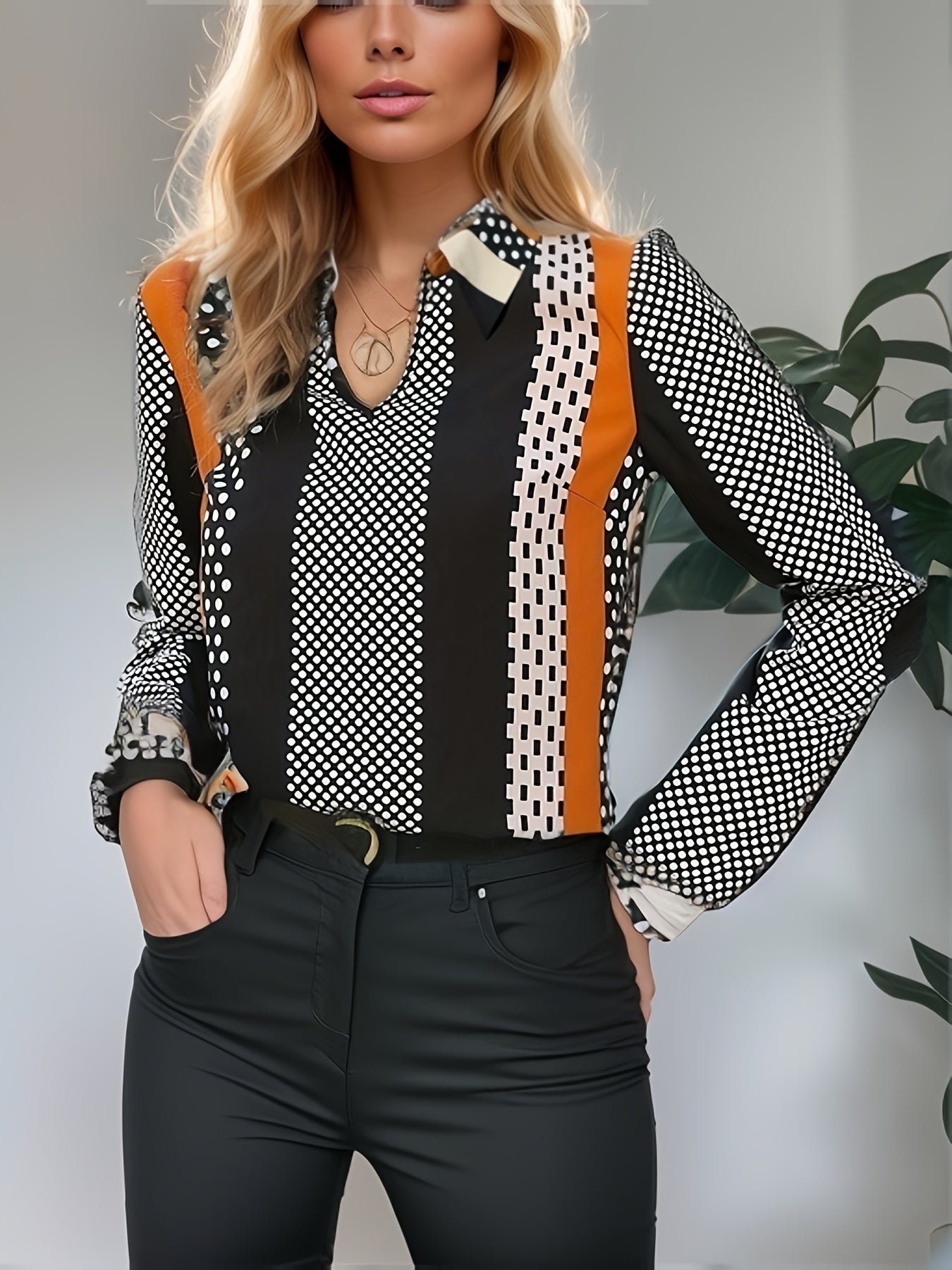  Colorblock Dot Print Long Sleeve Collar Blouse