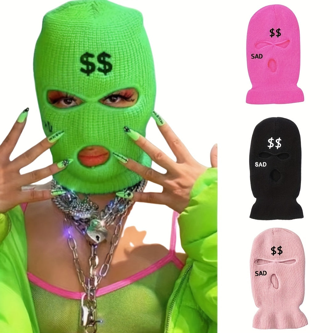 Embroidered Ski Mask SAD & Dollar Sign Knitted Hat - Outdoor Skiing Cycling Gift