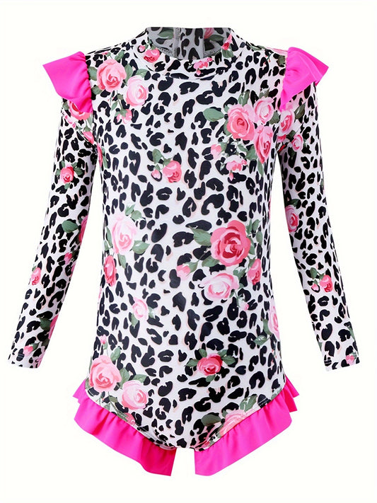 Girls Comfy Sun Protection Leopard Long Sleeve Swimwear