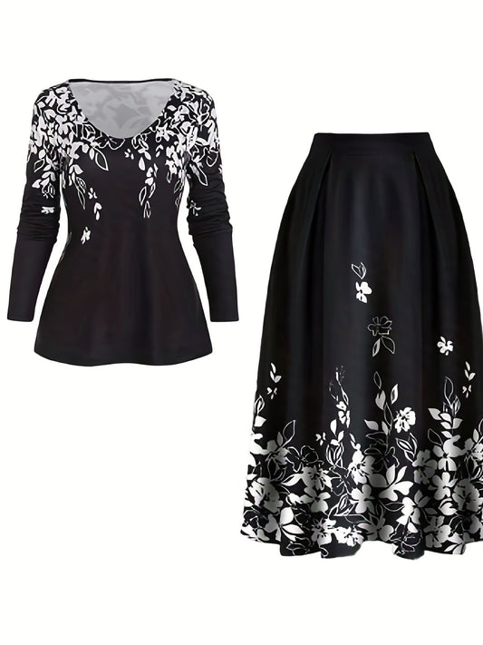  Floral Print Long Sleeve V Neck Top & Skirt 2 Piece Set