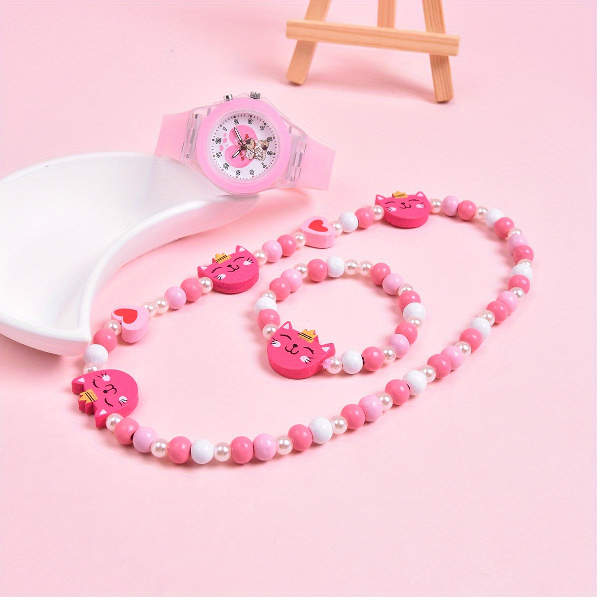 Double Cat Girls' Watch Soft Silicone Strap 3pcs Set