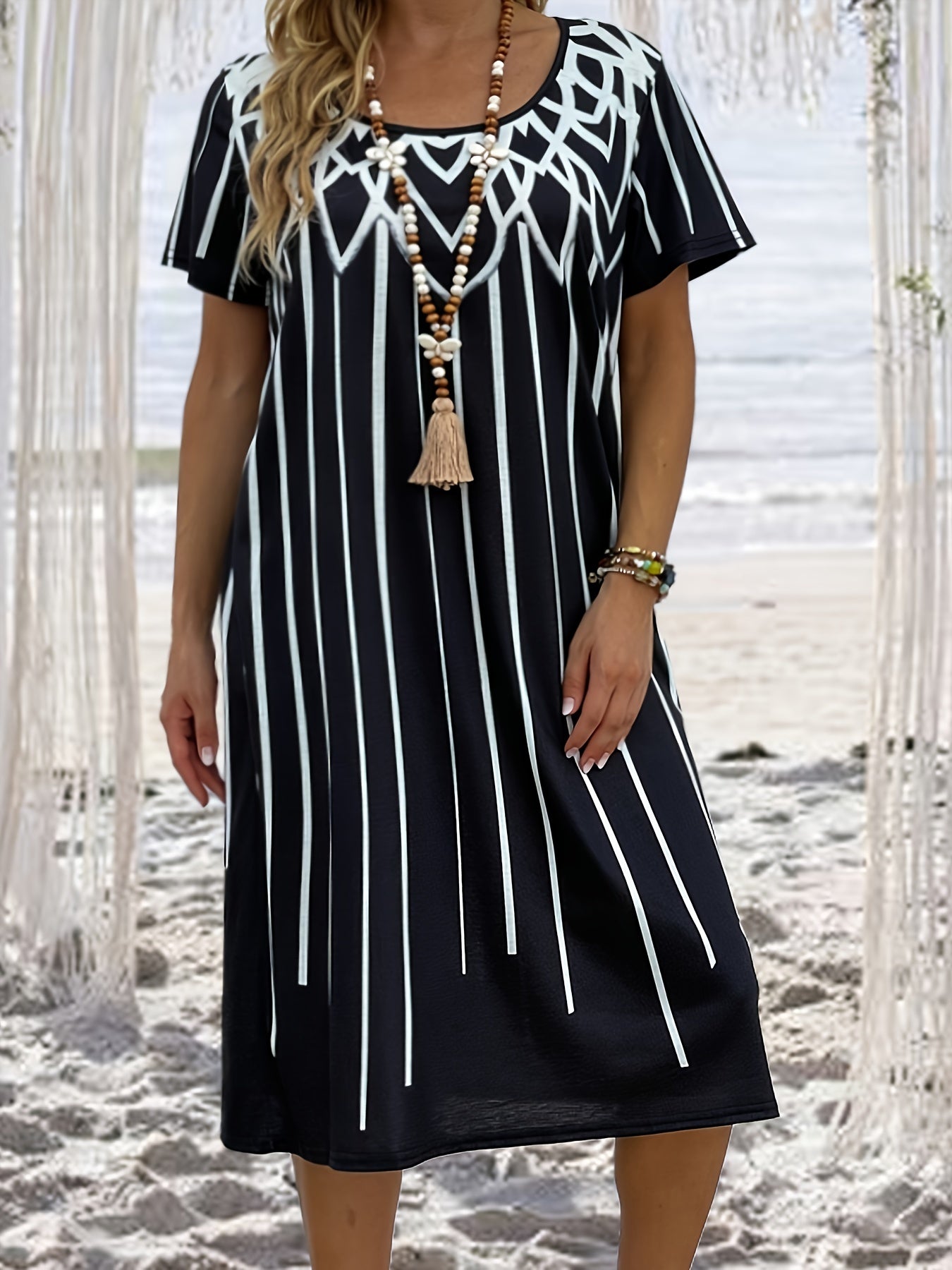  Geometric Print Short Sleeve Tee Dress With Pockets