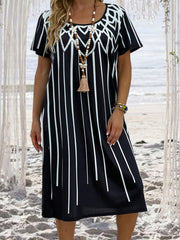  Geometric Print Short Sleeve Tee Dress With Pockets