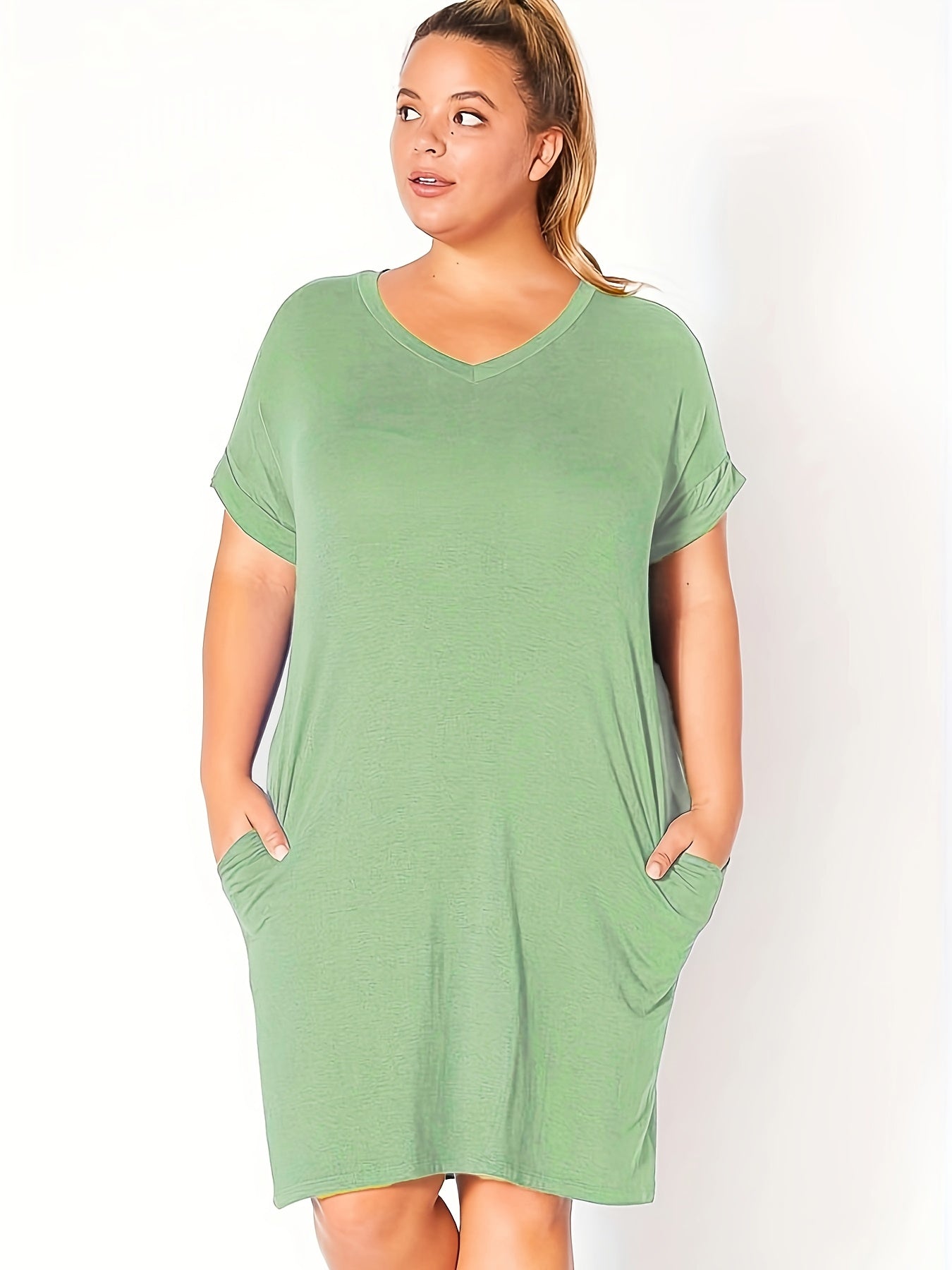  Casual Dress Women's Plus Solid Batwing Sleeve V Neck Slight Stretch