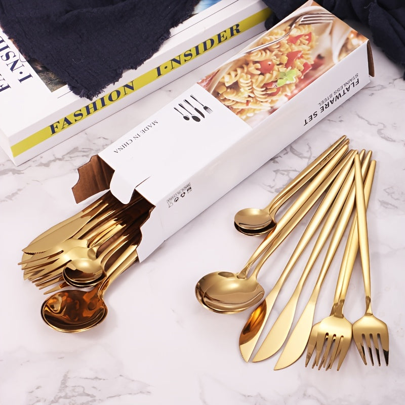 24pcs Stainless Steel Cutlery Set Thin Portuguese Steak Fork Spoon Plated