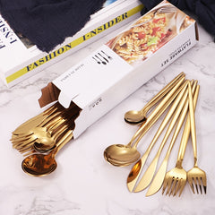 24pcs Stainless Steel Cutlery Set Thin Portuguese Steak Fork Spoon Plated