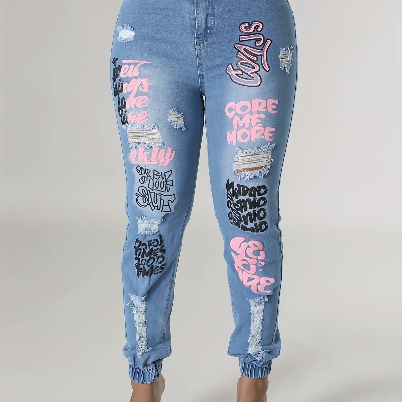Women's Plus Graffiti Print Ripped High Rise Jogger Jeans