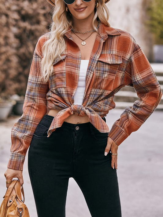  Plaid Print Long Sleeve Button Up Tunic Shirt