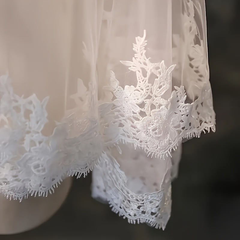 Bridal Veil with Embroidered Floral Tulle Overlay for Weddings