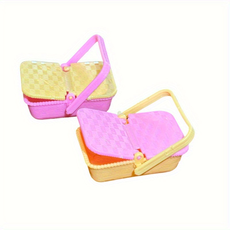 Dollhouse T-Shaped Picnic Basket Yellow/Pink Plastic Shopping Basket 1pc