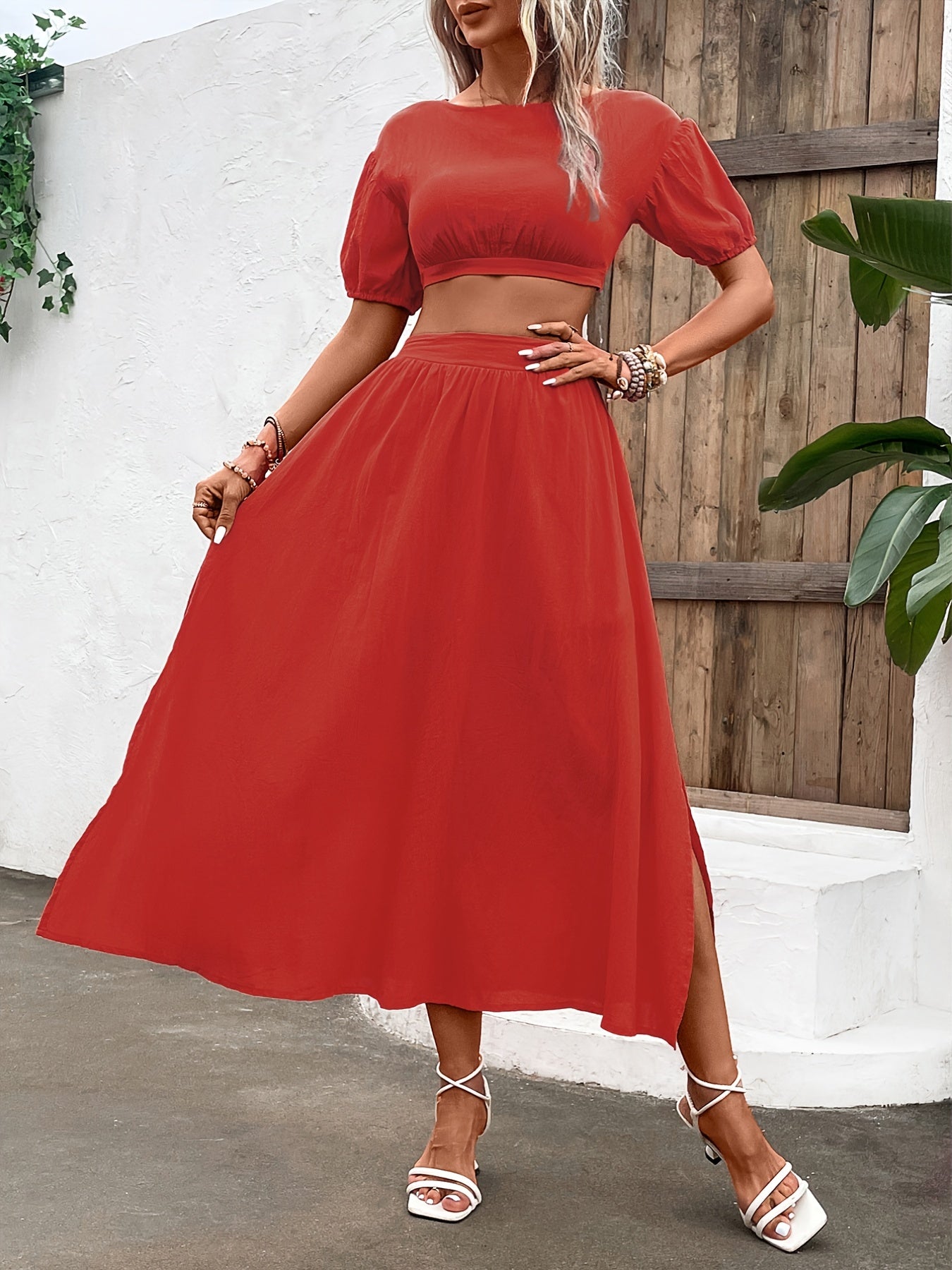 Solid Two Piece Set Crop Top & Split Skirt Outfit