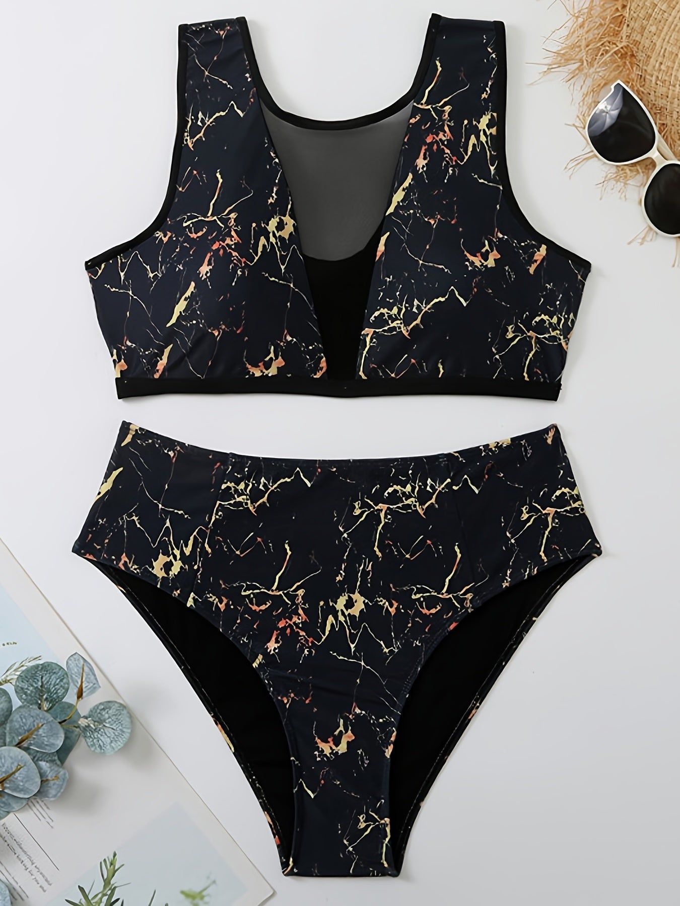  Marble Print Bikini Set Women's Plus Semi Sheer Swimsuit Beachwear