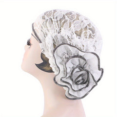 Plate Flower Lace Turban Cap Solid Head Wrap Elastic Hijab Cap