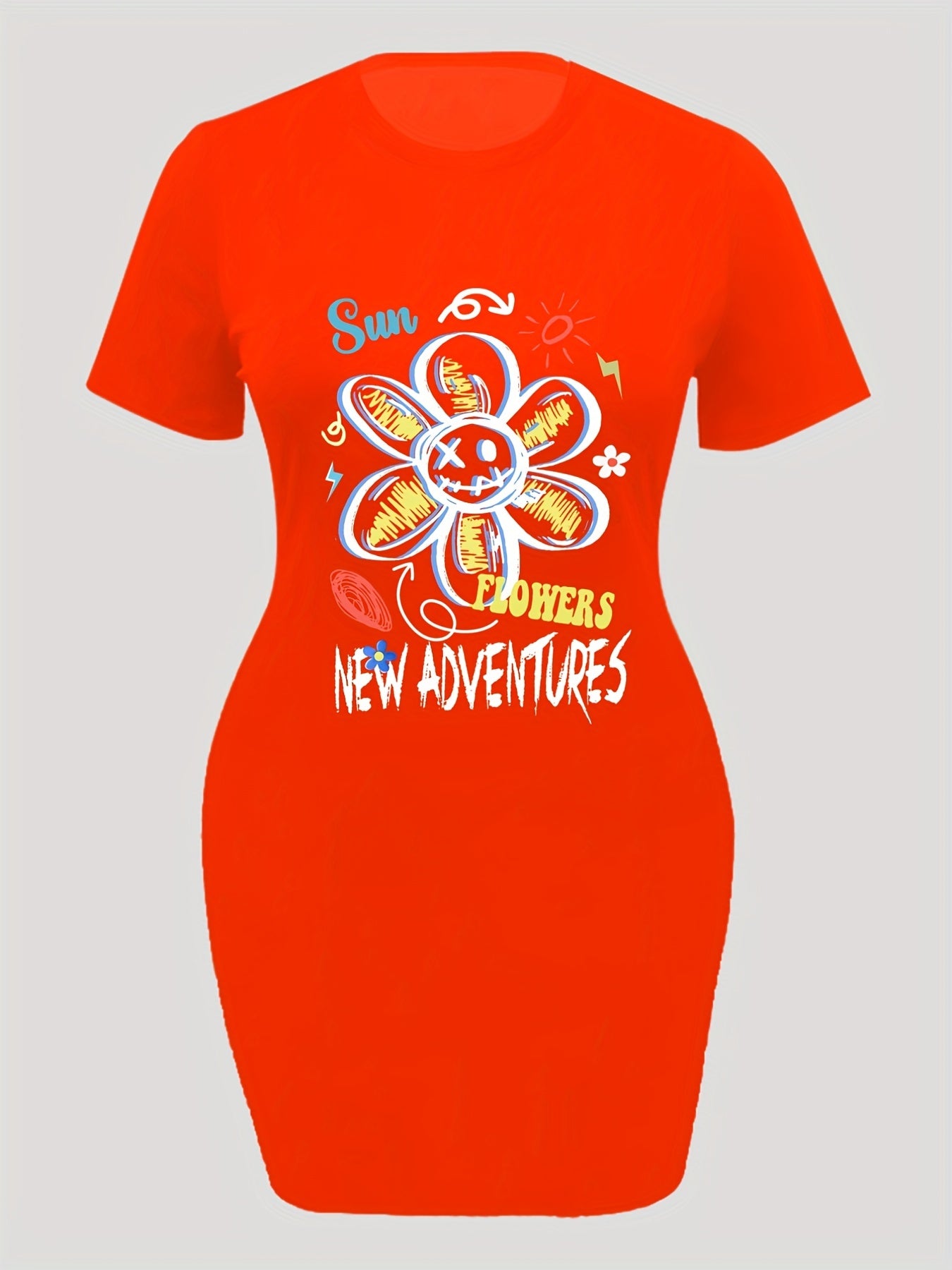  Women's Graphic Letter Print Round Neck High Stretch Dress