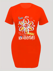  Women's Graphic Letter Print Round Neck High Stretch Dress