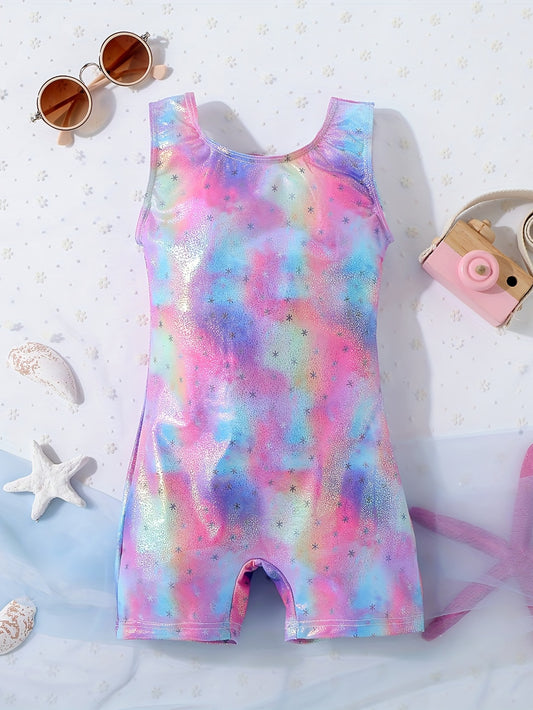 Girls Multicolor Graphic Swimsuit Romper Sleeveless Gymnastics Dance Bike