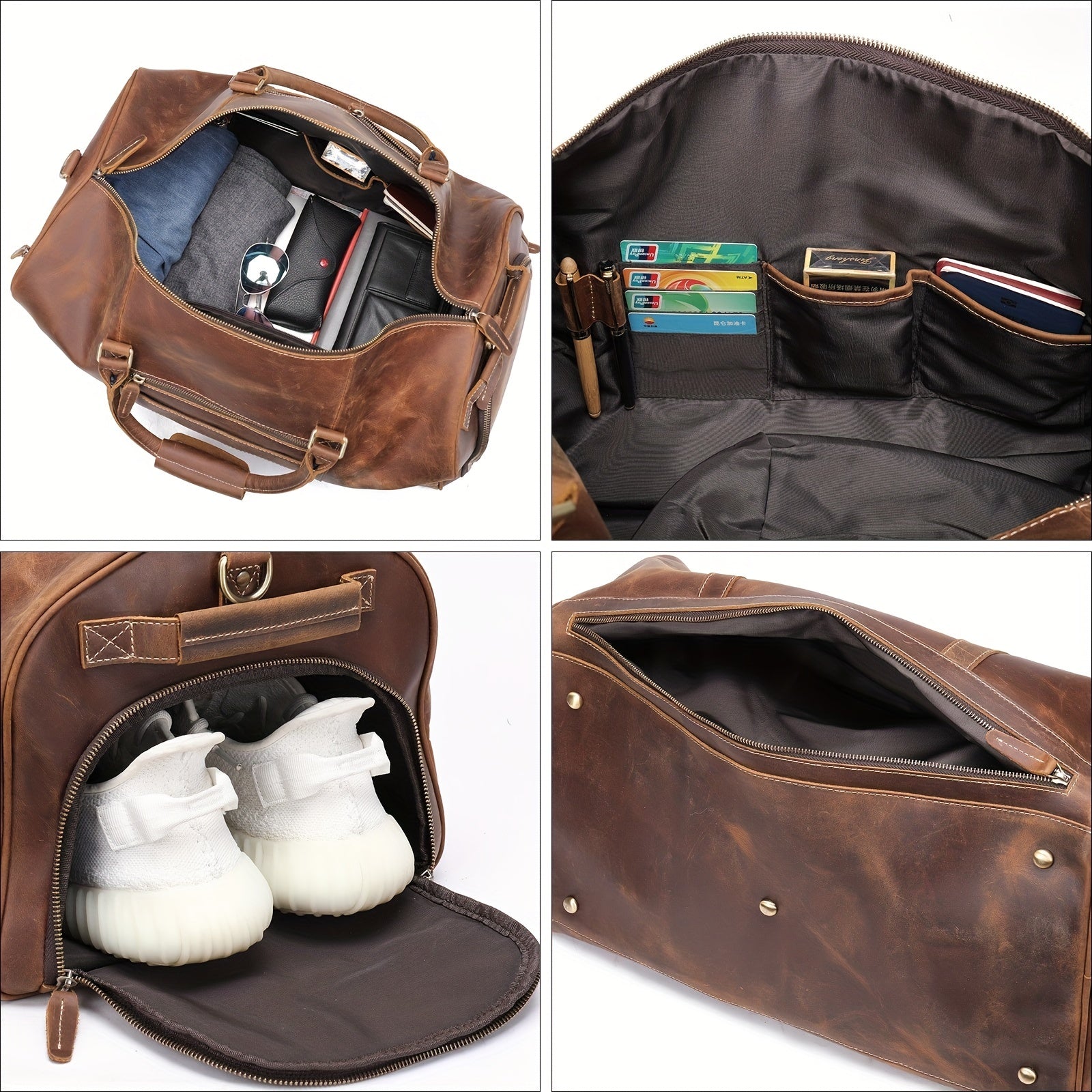 Large Capacity Leather Travel Duffel Bag Crazy Horse Leather Weekender For Men