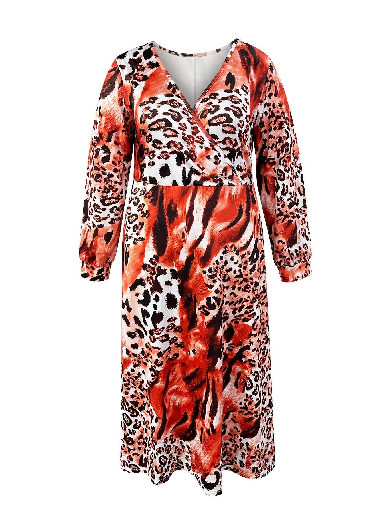  Colorblock Leopard Print Long Sleeve Maxi Dress