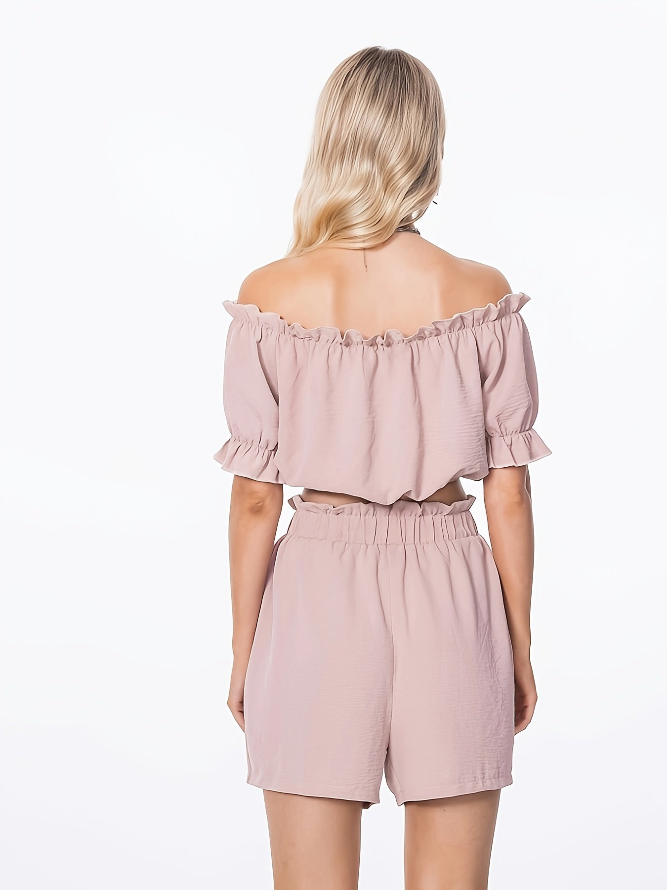 Ruffle Trim 2pc Set Off Shoulder Crop Top & Loose Shorts