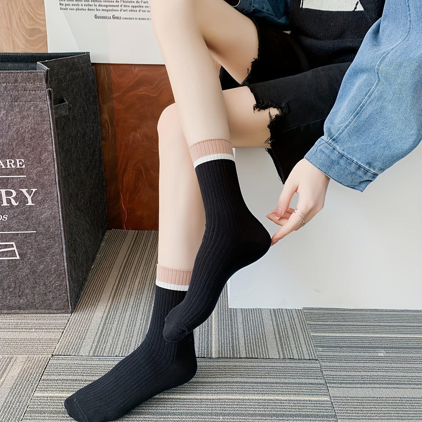 Colorblock Stripe Print Ribbed Socks Mid Tube Stockings