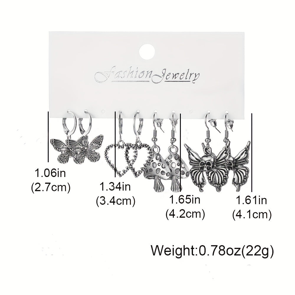 Punk Vintage Silver Snakes Butterfl. Sword Skull Earrings Set 9 Pairs