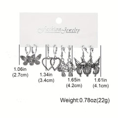 Punk Vintage Silver Snakes Butterfl. Sword Skull Earrings Set 9 Pairs