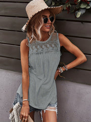 Lace Stitching Tank Top Solid Crew Neck